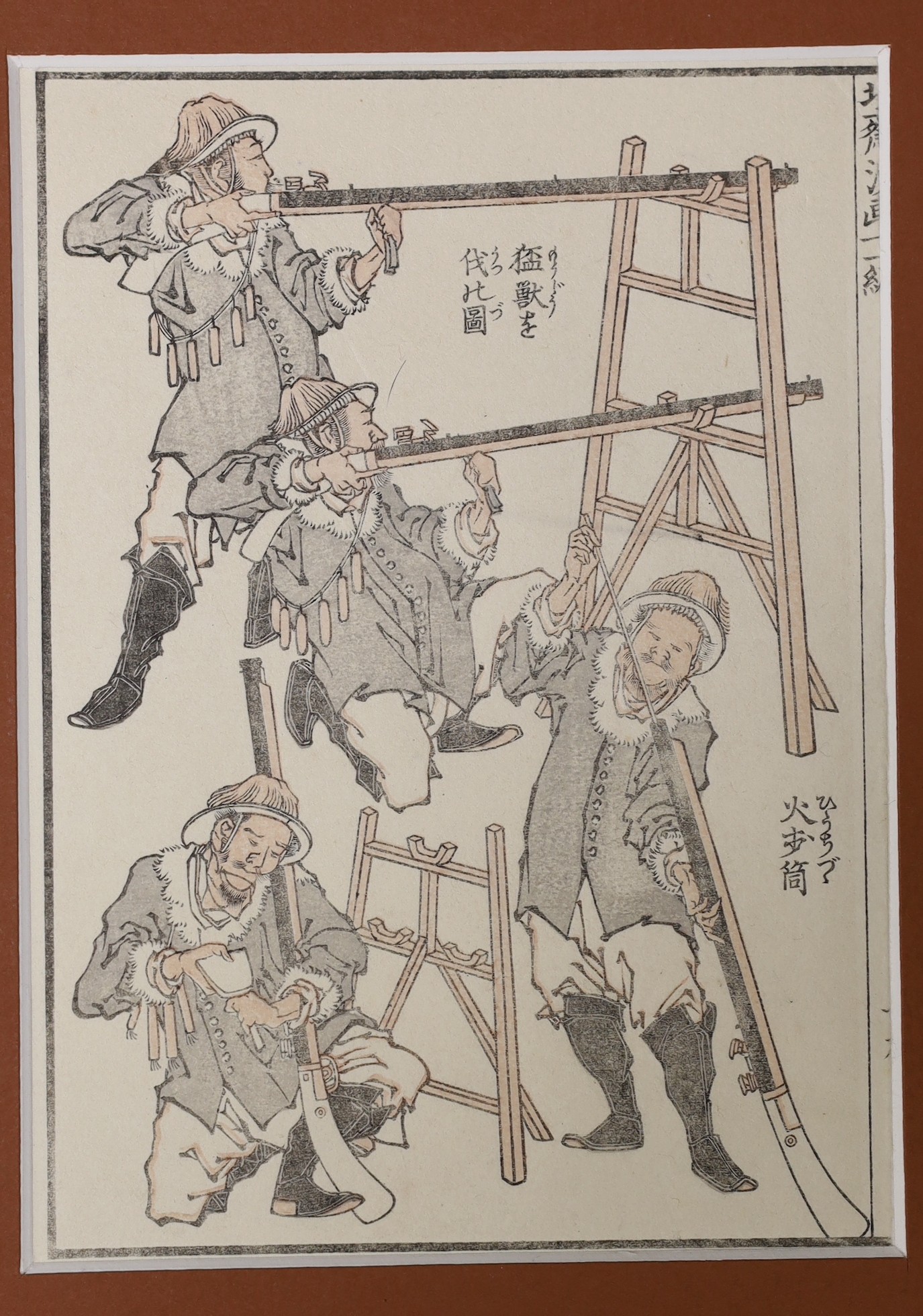 Katsushika Hokusai, four Japanese woodblock prints, Warriors with matchlock rifles, archers and wrestlers, 18 x 13cm, unframed
